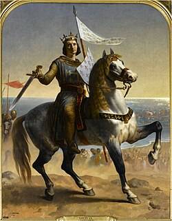 São Luís IX, Rei da França, montado em um cavalo, segurando espada e estandarte